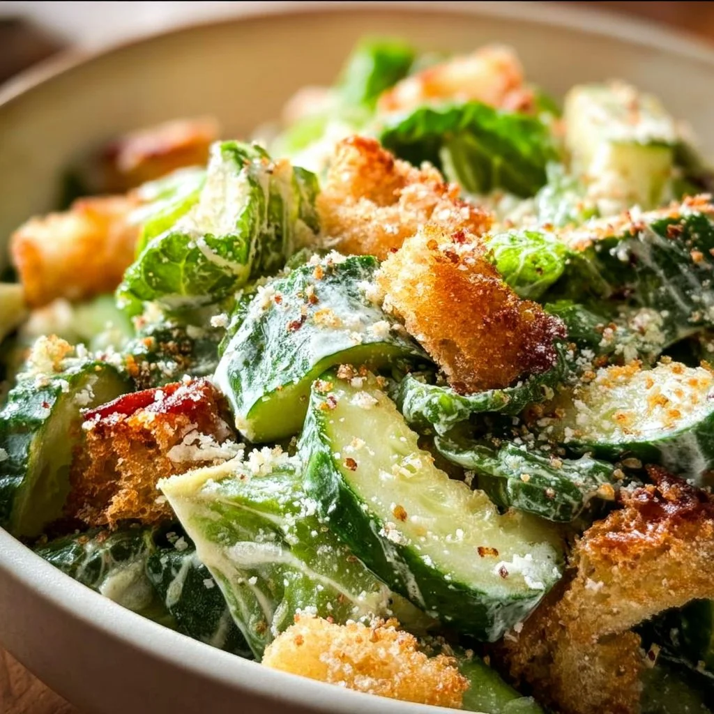 Delicious Cucumber Caesar Salad served in a bowl with dressing and croutons