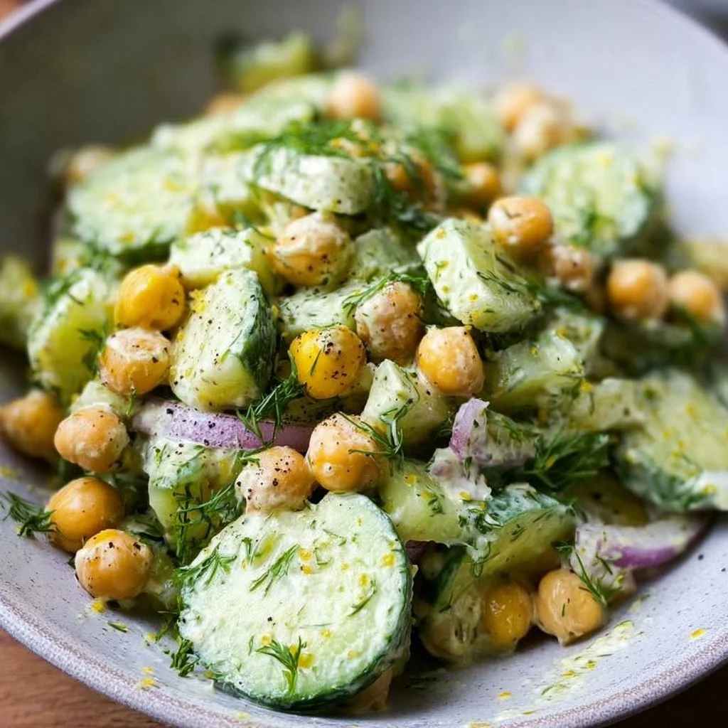 Delicious cucumber chickpea dill salad in a bowl, garnished with fresh herbs.
