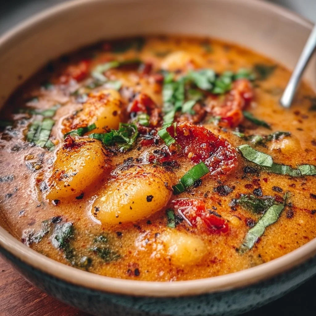 Bowl of dairy-free sun dried tomato gnocchi soup garnished with herbs