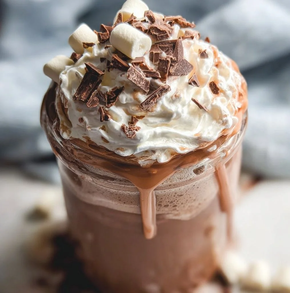 Decadent whipped hot chocolate topped with whipped cream and chocolate shavings