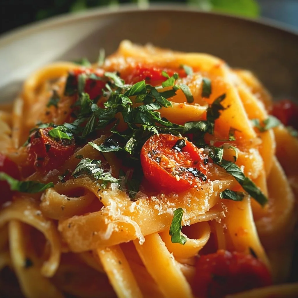Delicious tomato butter pasta served in a bowl with fresh herbs and cheese