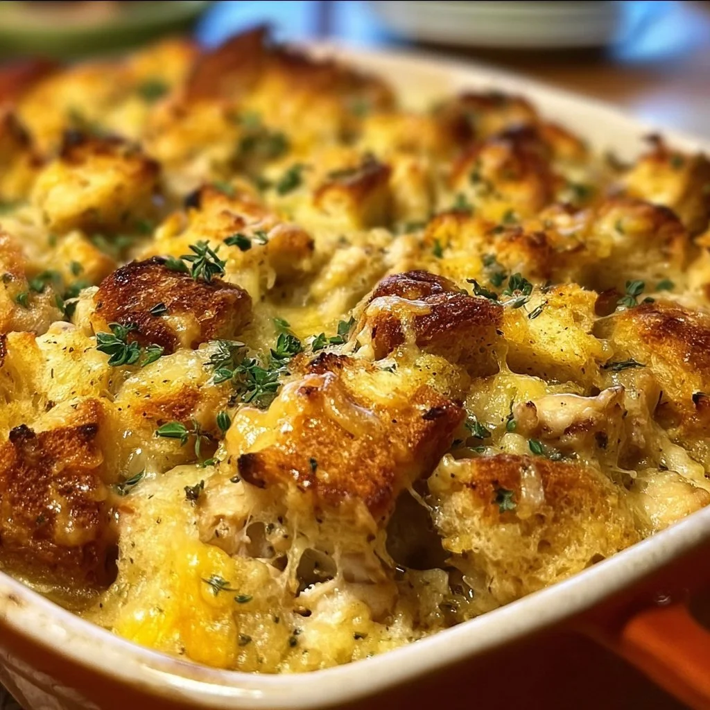 Delicious Dolly's Chicken and Stuffing Casserole served in a baking dish