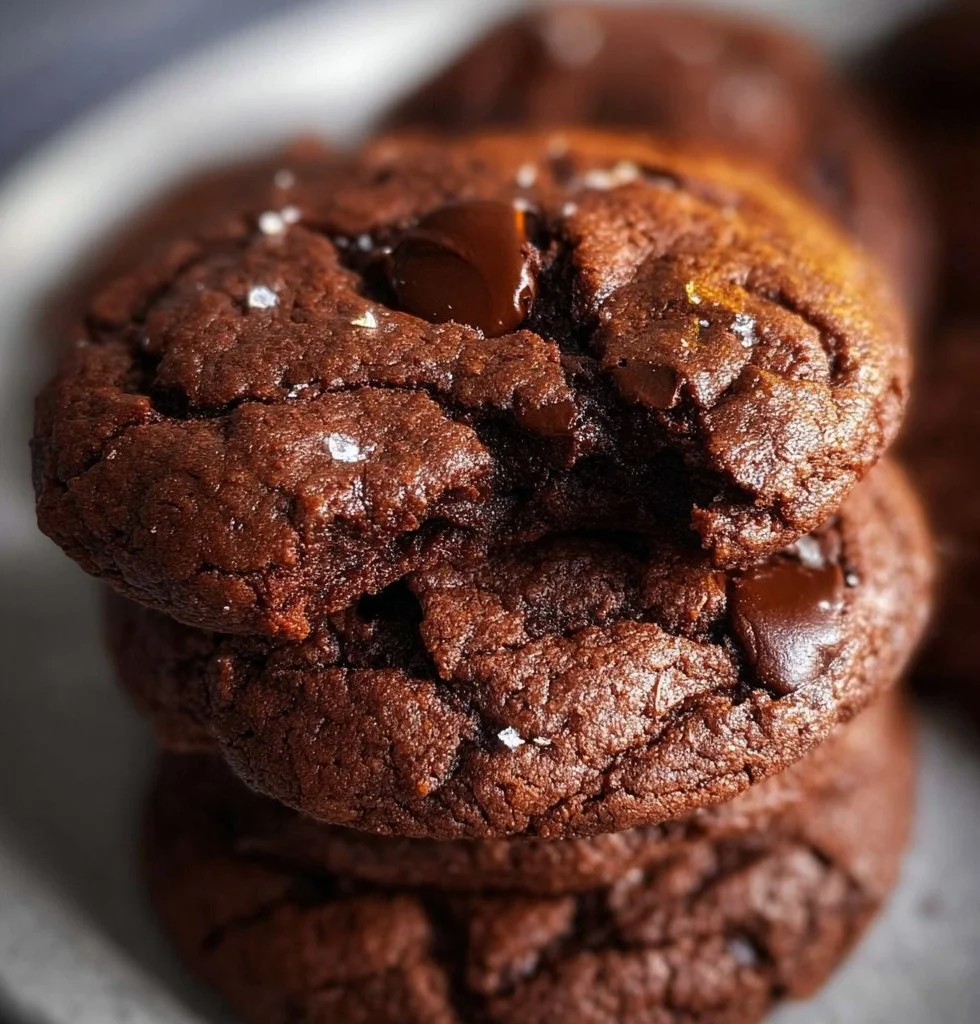 Delicious double chocolate chip cookies stacked on a plate