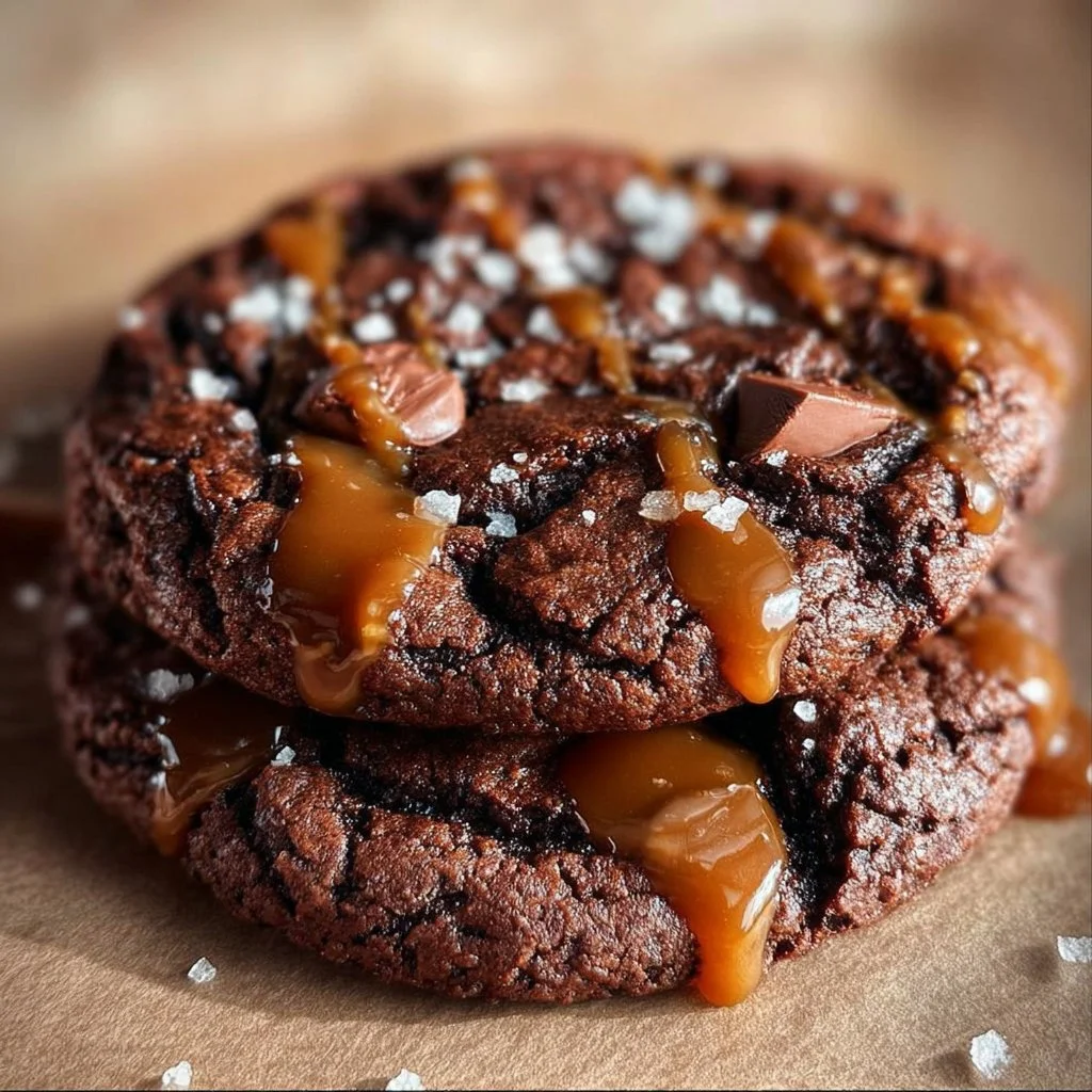 Double chocolate salted caramel cookies with a rich, gooey center and a sprinkle of salt.