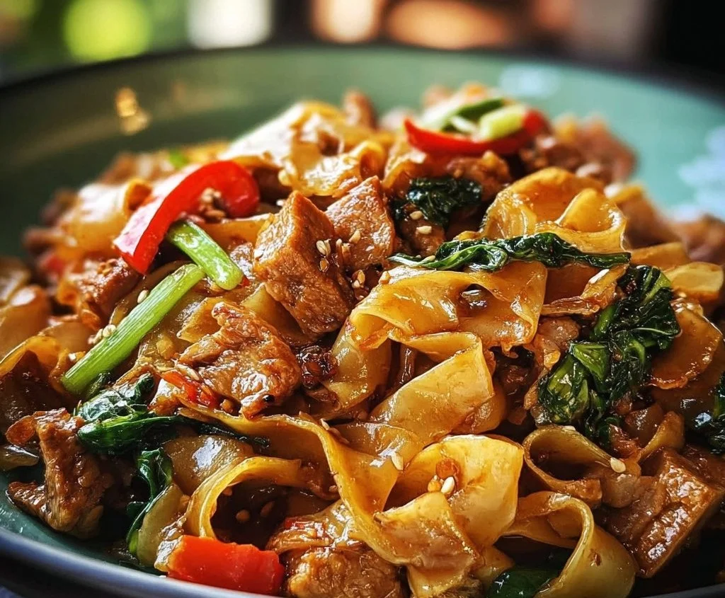 Plate of authentic Thai drunken noodles with fresh vegetables and spices