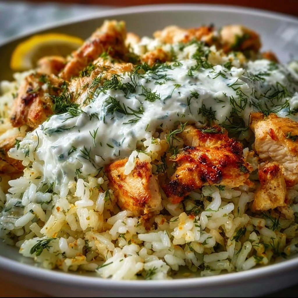 Delicious dump-and-bake Chicken Tzatziki Rice in a serving dish.