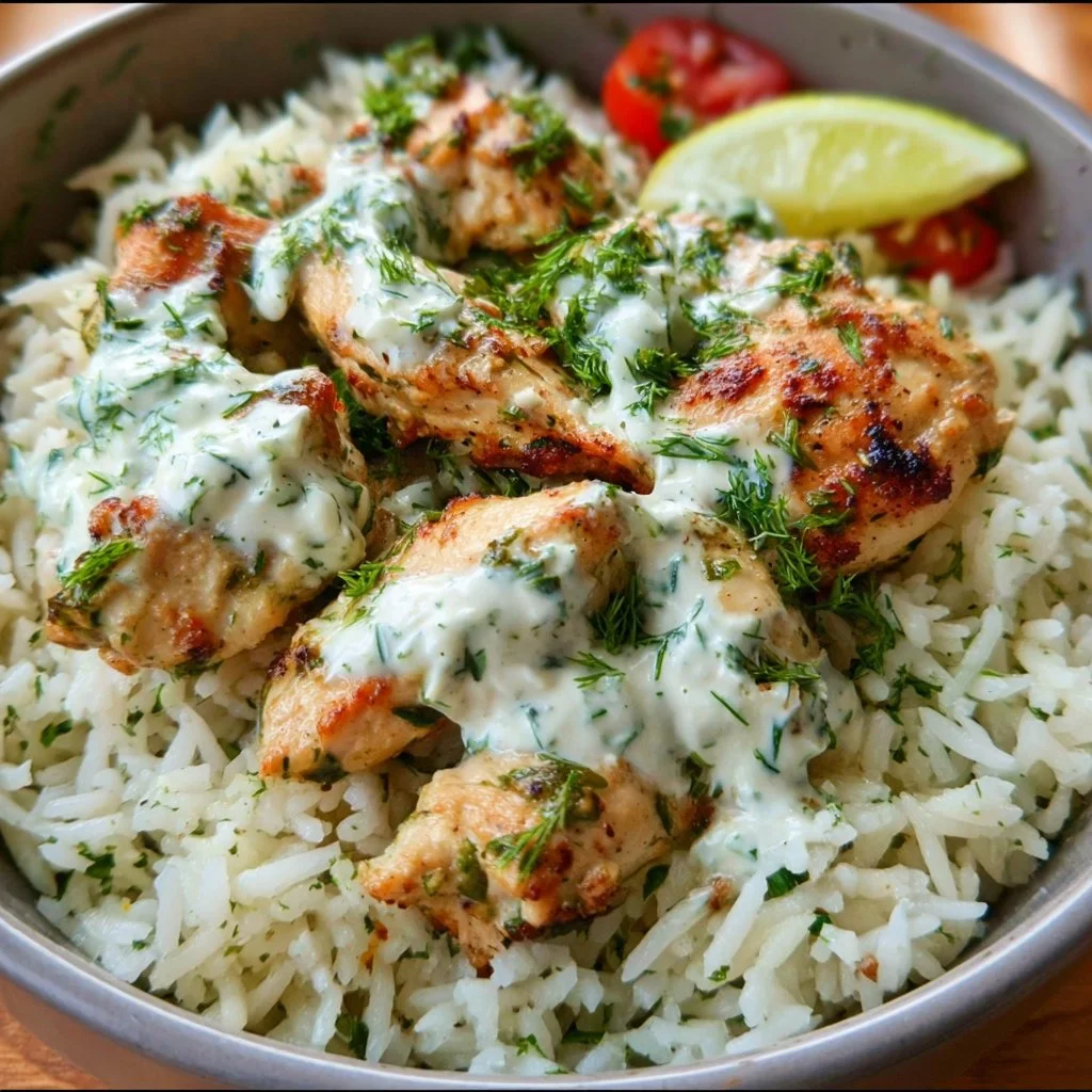 Delicious Dump-and-Bake Chicken Tzatziki with Rice served in a bowl