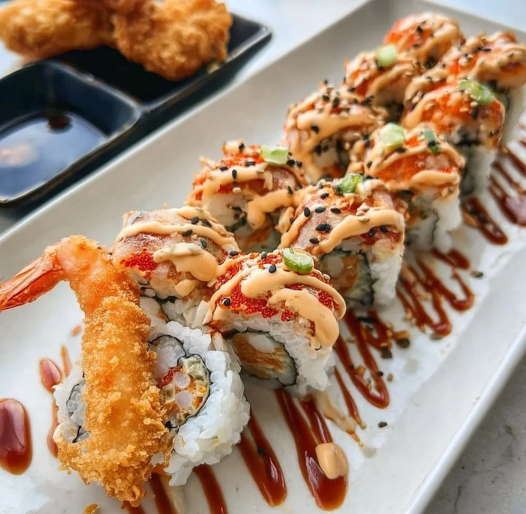 Dynamite Roll sushi with spicy ingredients and toppings on a plate.