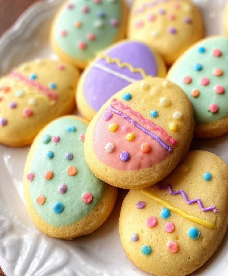 Decorated Easter Egg Cookies on a festive table