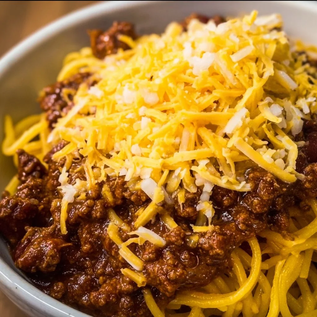 Delicious bowl of Easy Cincinnati Chili topped with cheese and onions