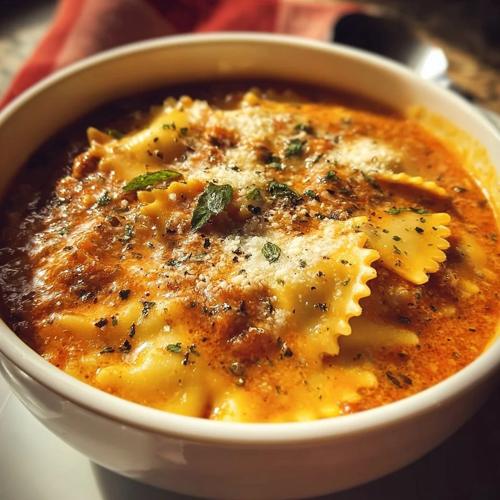 Bowl of Easy Creamy Lasagna Soup topped with cheese and herbs