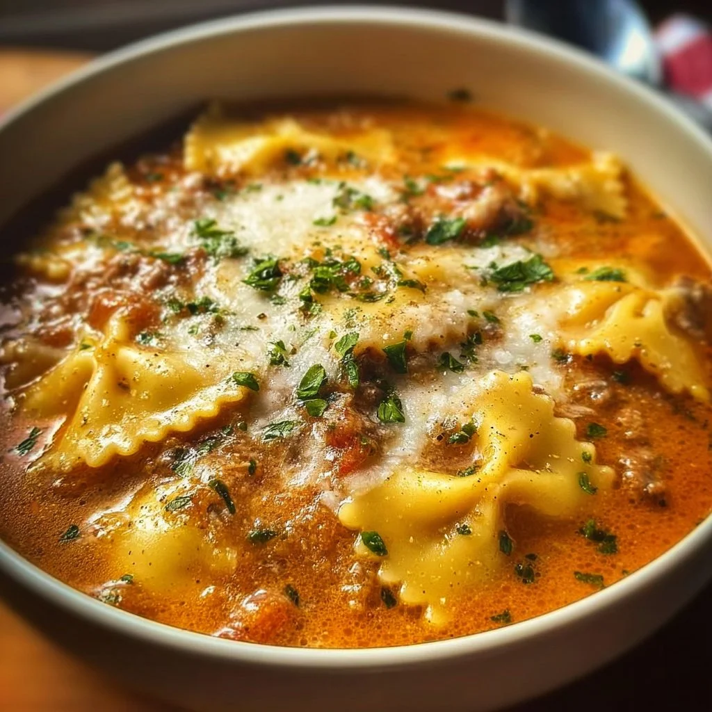 Bowl of creamy lasagna soup topped with cheese and basil
