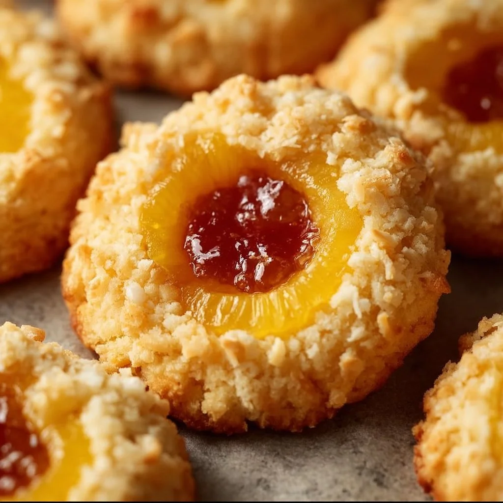 Hawaiian pineapple coconut thumbprint cookies on a wooden table