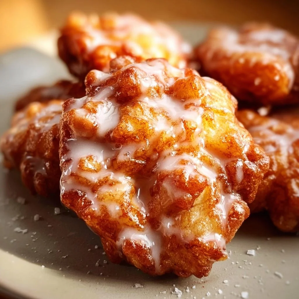 Freshly made easy homemade apple fritters with powdered sugar on top