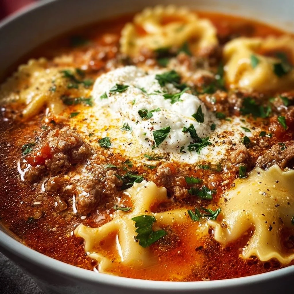 Bowl of easy lasagna soup topped with cheese and basil