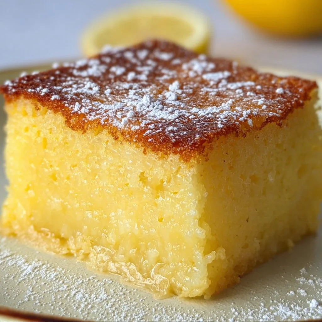 Easy magic custard lemon cake recipe showcasing a delicious custard cake slice