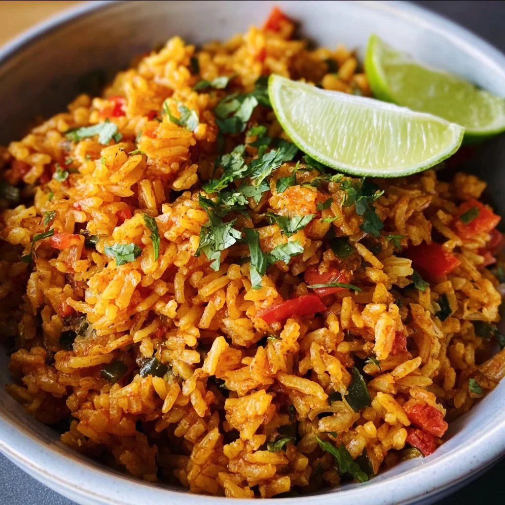 Bowl of easy Mexican rice garnished with fresh herbs and lime.