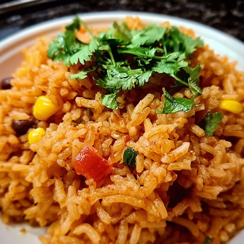Bowl of easy Mexican rice recipe with colorful vegetables and cilantro garnish