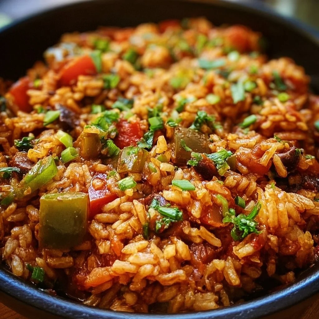 Delicious one-pot vegetarian jambalaya with vibrant vegetables and spices.