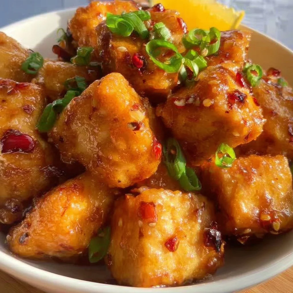 Plate of easy orange tofu with vibrant orange sauce and vegetables