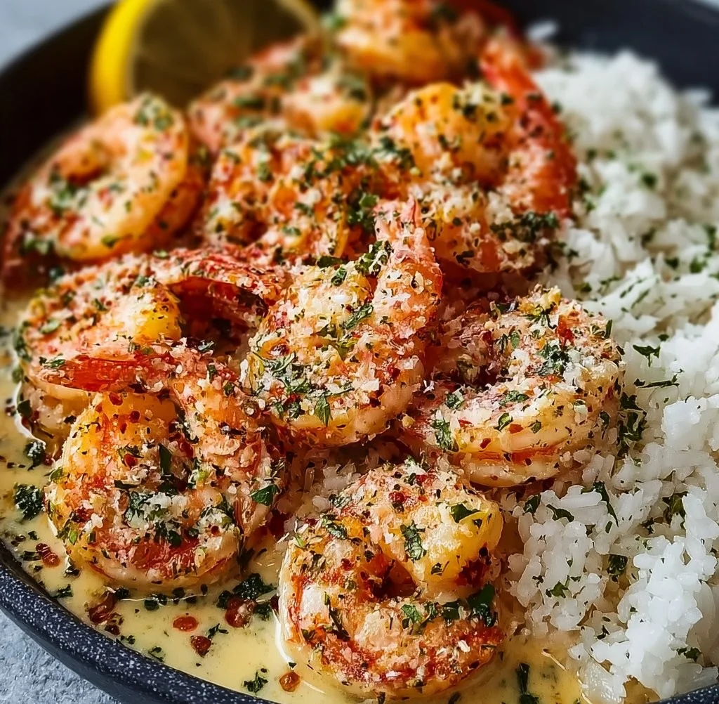 Delicious easy shrimp and rice dish served in a bowl with fresh herbs