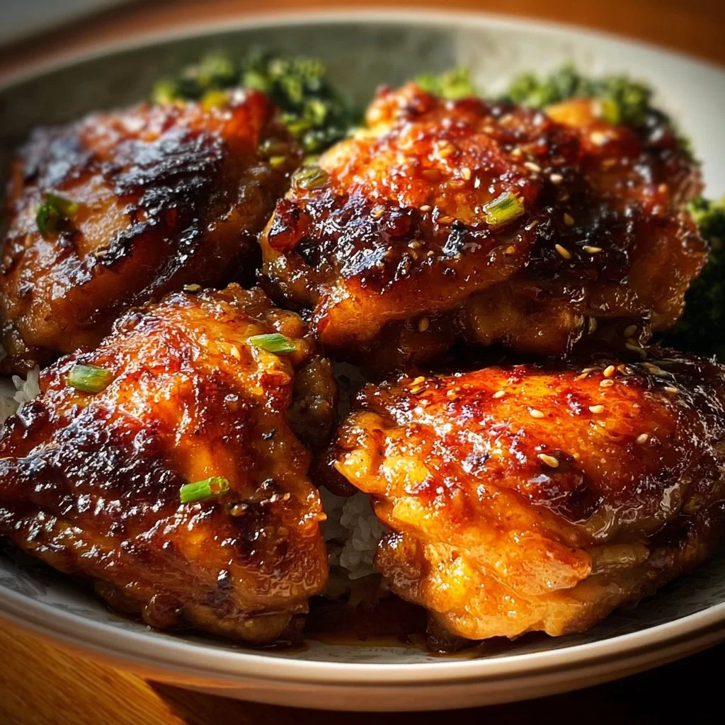 Delicious soy garlic chicken thighs with a glistening sauce
