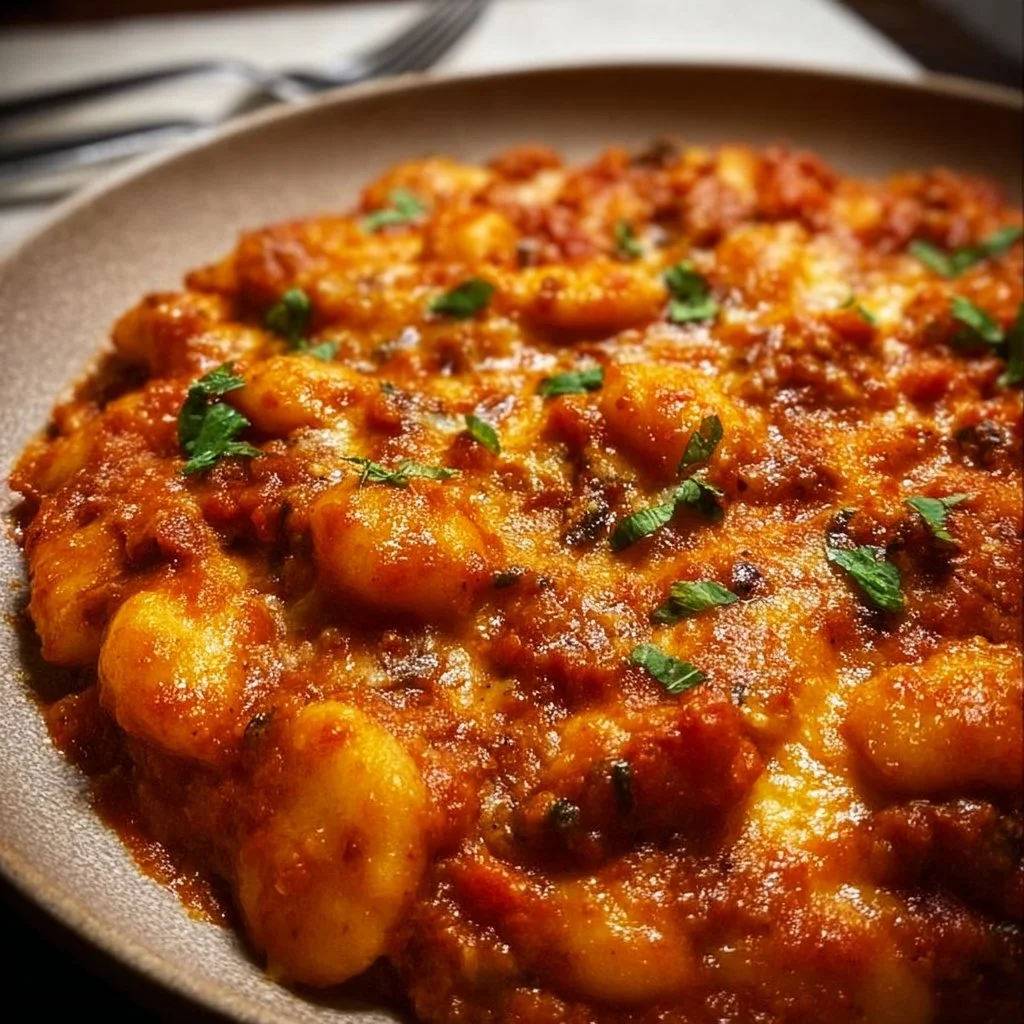 Easy Stovetop Gnocchi Lasagna topped with cheese and herbs in a skillet
