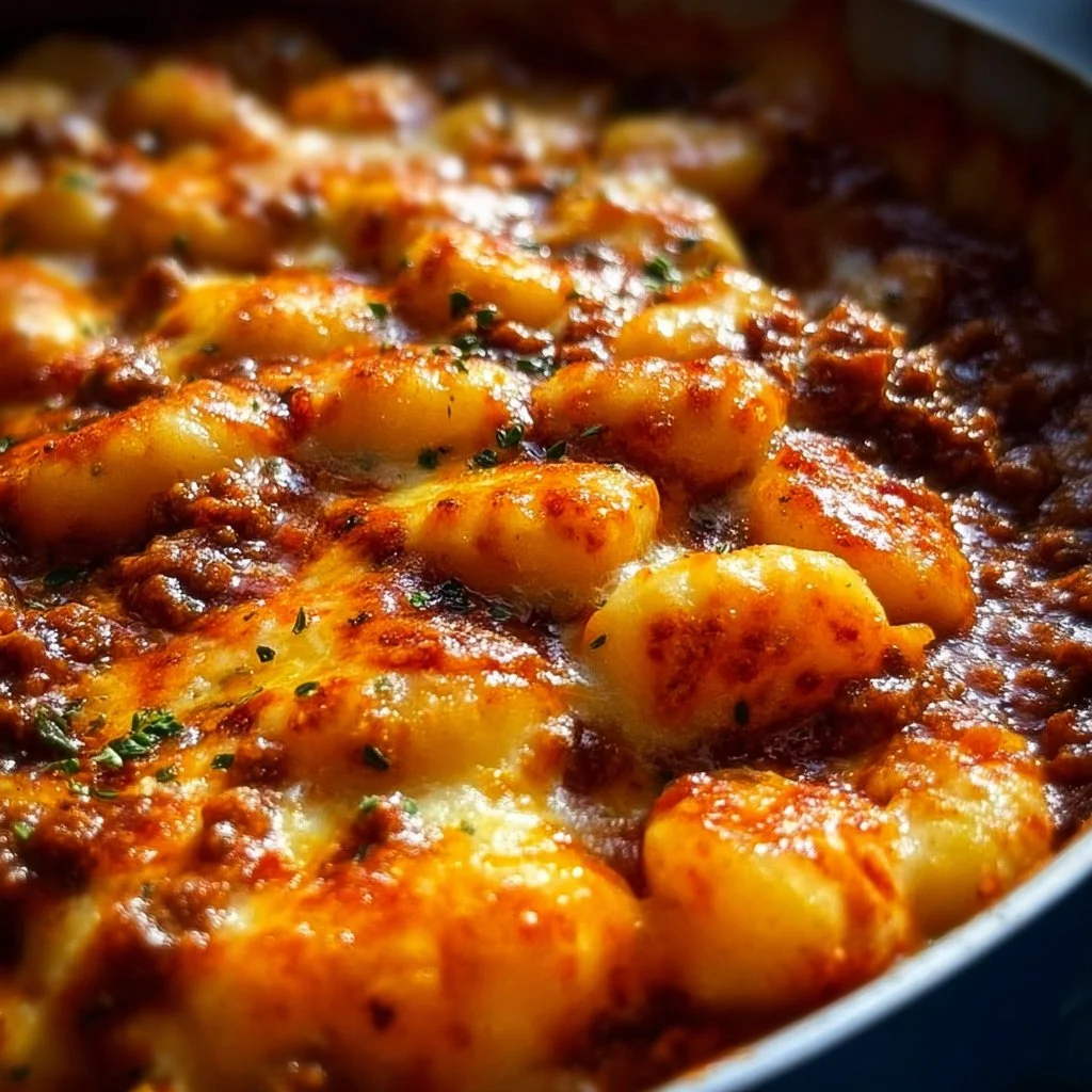 Easy stovetop gnocchi lasagna topped with cheese and herbs in a serving dish