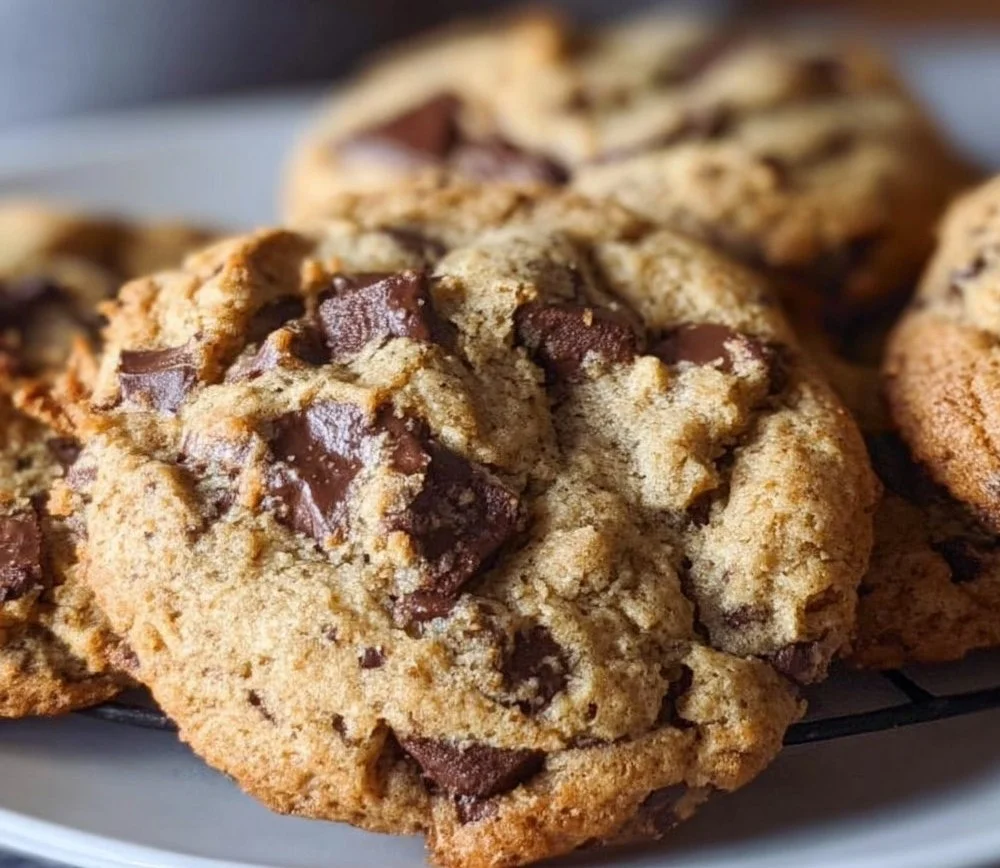 Homemade Einkorn chocolate chip cookies on a baking tray