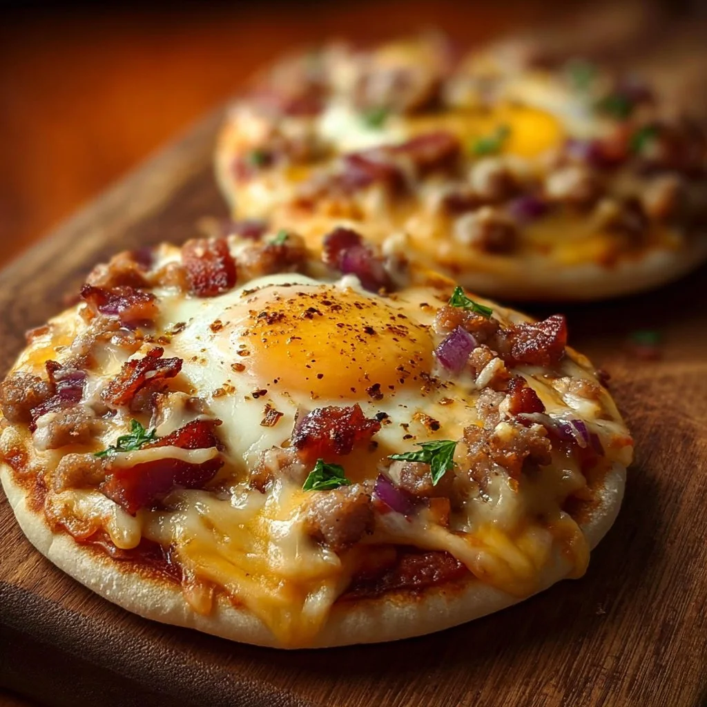 Delicious English Muffin Breakfast Pizza topped with eggs, cheese, and veggies