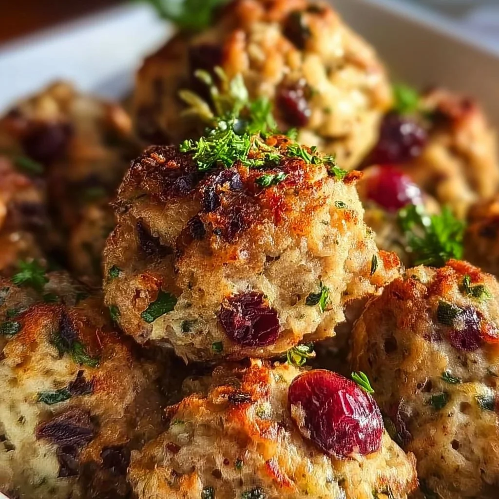 Festive Cranberry Turkey Stuffing Balls served on a platter