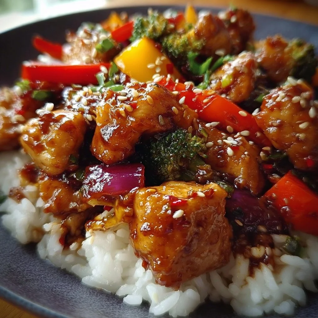 Firecracker Chicken stir fry with colorful vegetables and spicy sauce