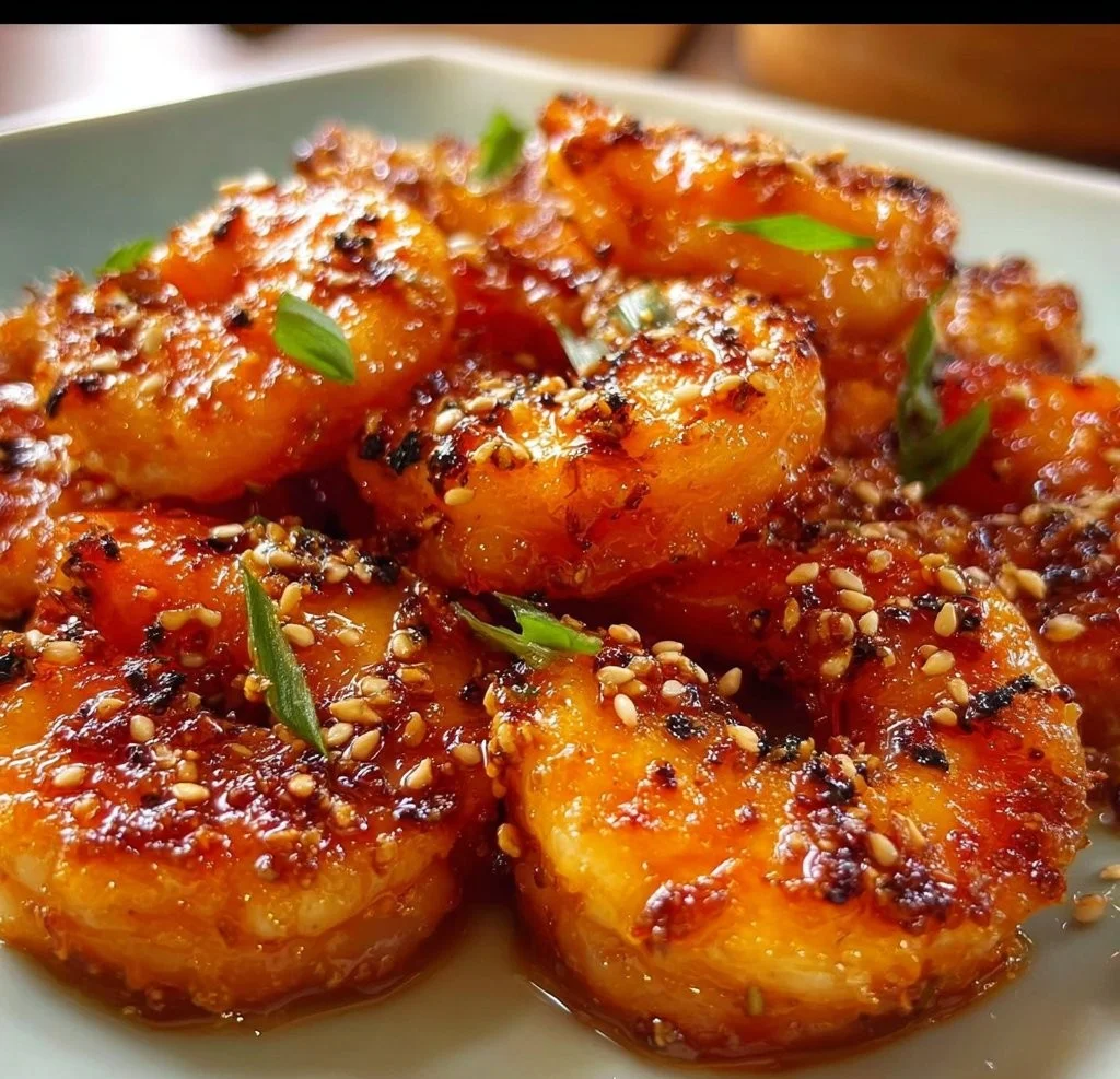 Delicious firecracker shrimp garnished with herbs and spicy sauce