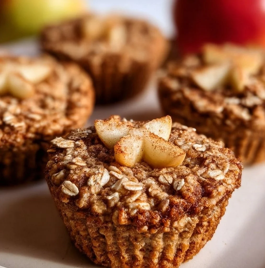 Fluffy baked apple cinnamon oatmeal cups in a baking dish