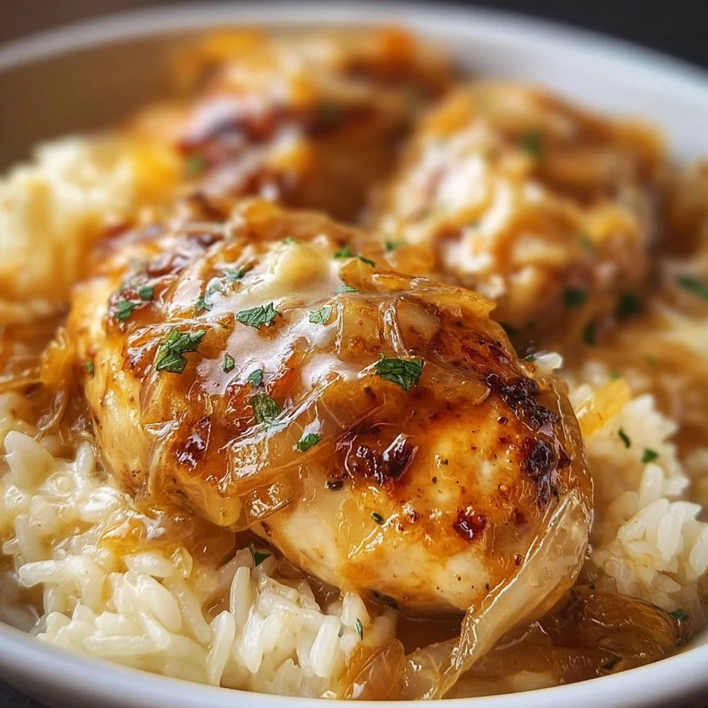 Delicious French Onion Chicken served over rice, garnished with herbs.