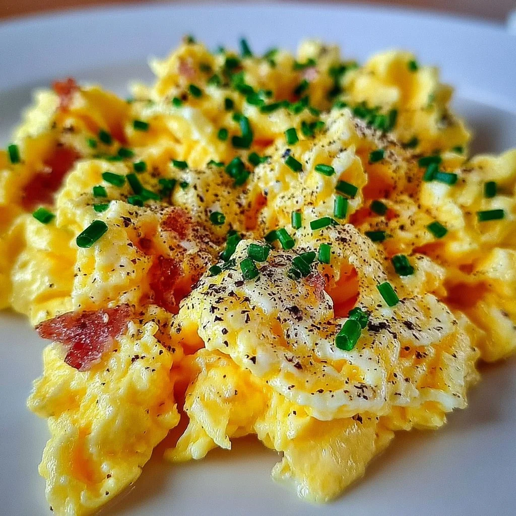 Delicious French-style scrambled eggs served with herbs and toast.