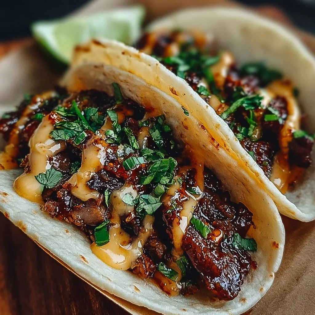 Delicious Garlic Butter Honey BBQ Tacos topped with fresh ingredients