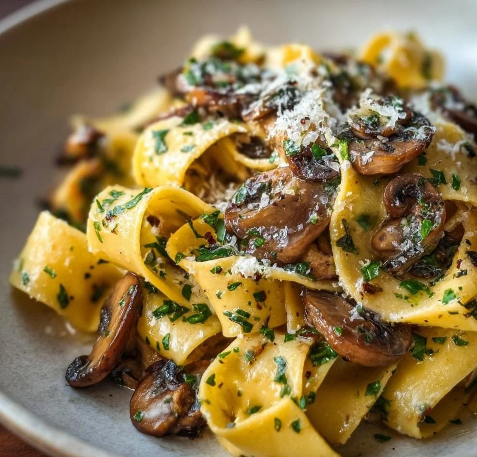 Delicious Garlic Butter Mushroom Pappardelle served with fresh herbs