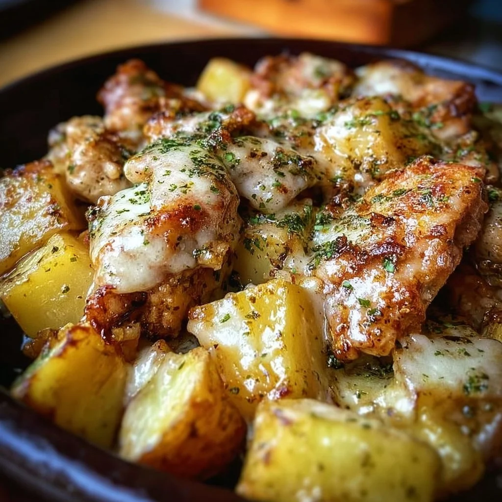 Delicious Garlic Parmesan Chicken served with golden roasted potatoes.