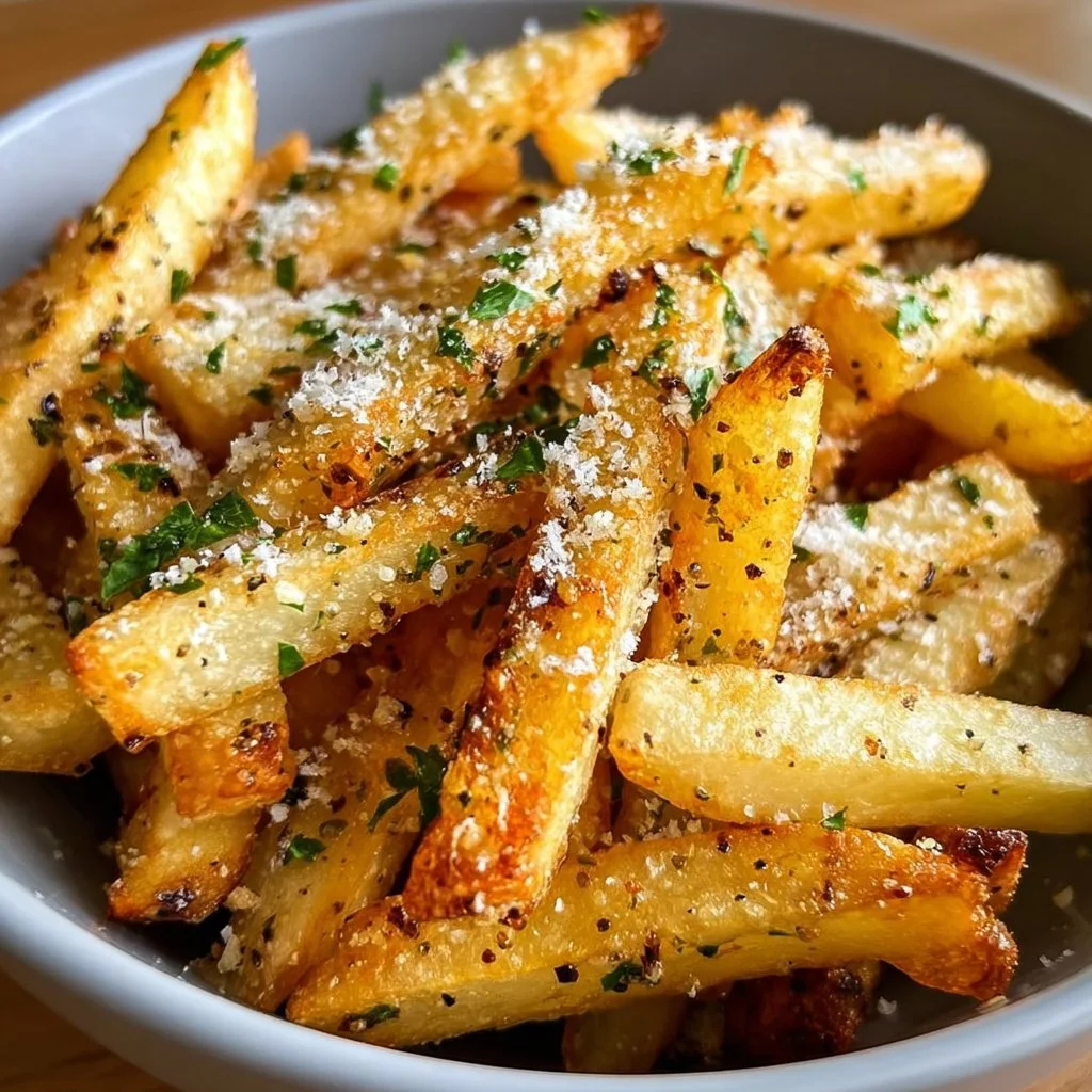 Crispy Garlic Parmesan Fries served in a white bowl