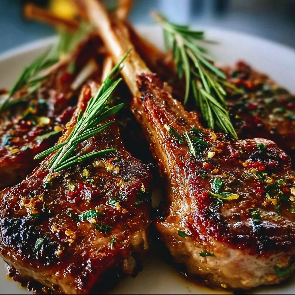 Delicious garlic rosemary lamb chops garnished with fresh herbs.
