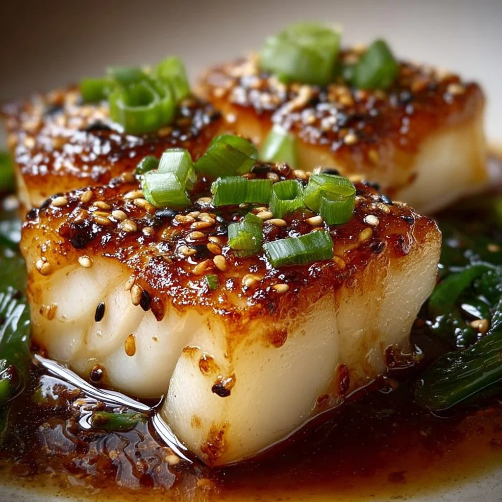 Ginger Soy Glazed Cod served with vegetables on a plate.