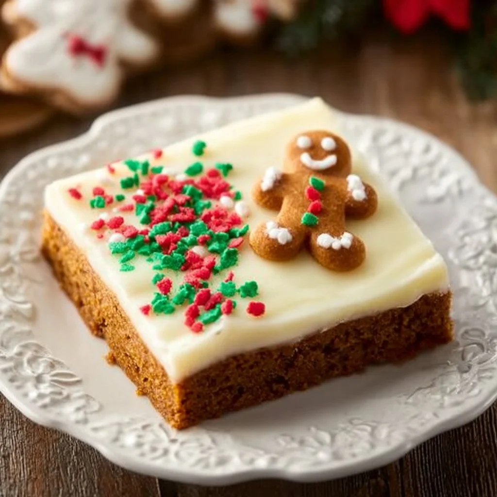 Delicious Gingerbread Cookie Bars topped with icing and festive decorations