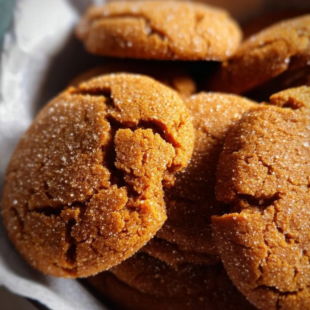 Freshly baked gingersnap cookies on a wooden plate