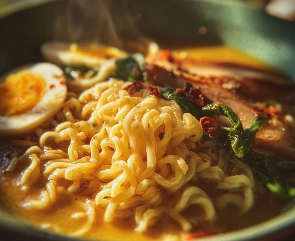 Bowl of flavorful gluten free ramen noodles topped with fresh vegetables.