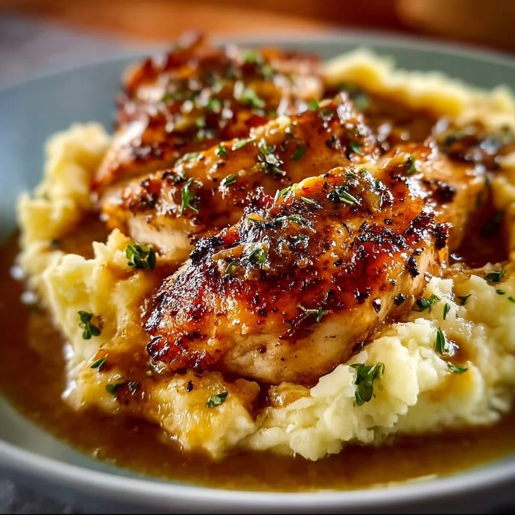 Delicious golden seared chicken with cheesy mashed potatoes and garlic gravy