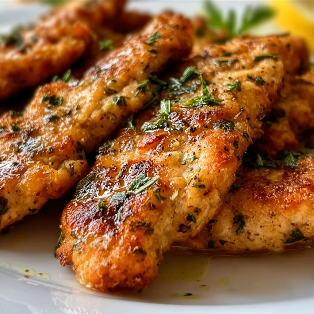Plate of Greek Chicken Tenders garnished with lemon and herbs
