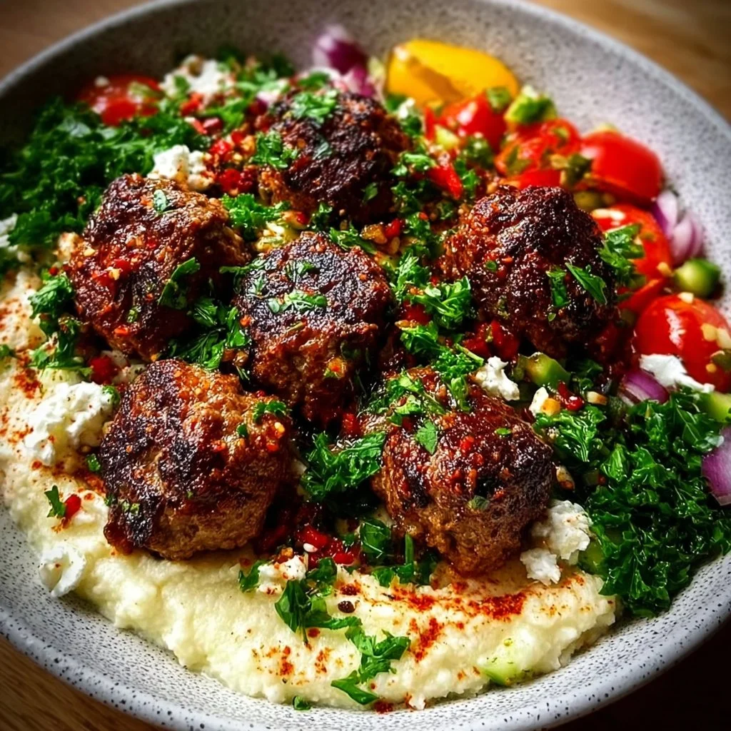 Greek meatball bowl filled with herbs and spices served in a bowl