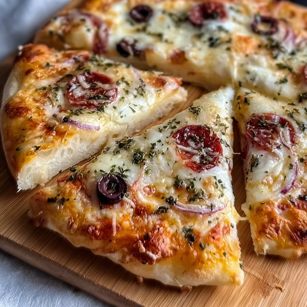 Homemade Greek yogurt pizza dough ready to be baked with fresh toppings