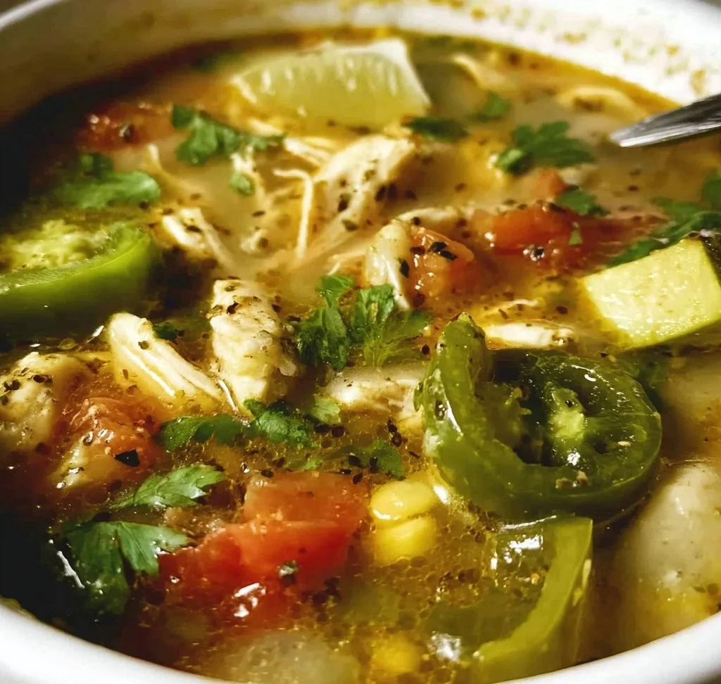 Bowl of Green Chicken Chili Soup topped with cilantro and lime